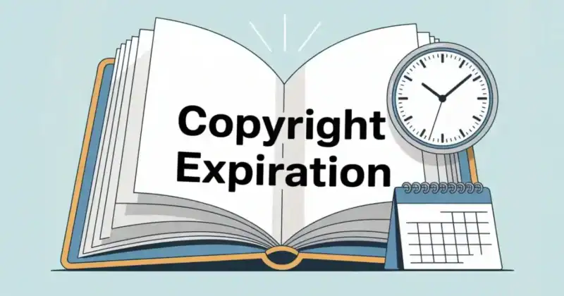 A clean, modern flat illustration of an open book with the text “Copyright Expiration” and a calendar and clock, symbolizing the passage of time and copyright duration for books published in the U.S.