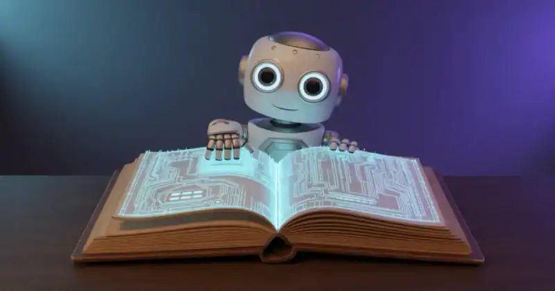 How to use AI to modernize public domain books, symbolized by a cute and friendly AI bot touching an old classic leather-bound book, transforming it into a glowing, digital circuit board overlaying its pages.
