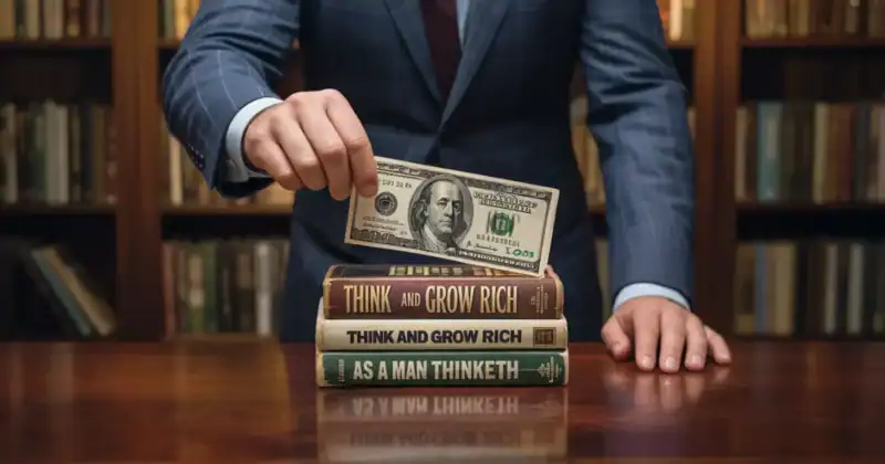 A conceptual image that shows old books and cash, representing making money from old public domain books.