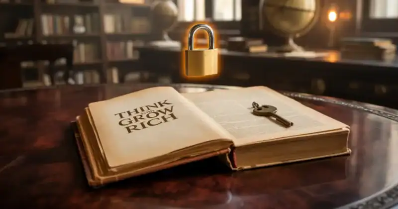 A classic old book titled "Think and Grow Rich" is open on a wooden table. A glowing, unlocked padlock with a key is floating above the open pages, symbolizing the book entering the public domain.