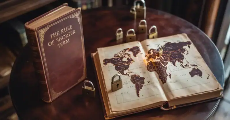 An old, leather-bound book titled "The Rule of the Shorter Term" is open on a table. The page shows a world map with padlocks over different countries.